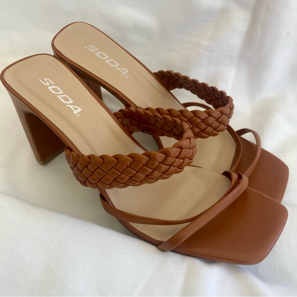 Soda Brown Chunky Heels with Braided Straps